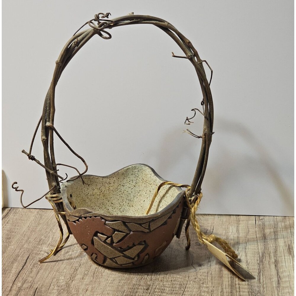 Vtg One Of A Kind Handmade Stoneware Pottery Twig Basket Tall Pine Cottage 1977